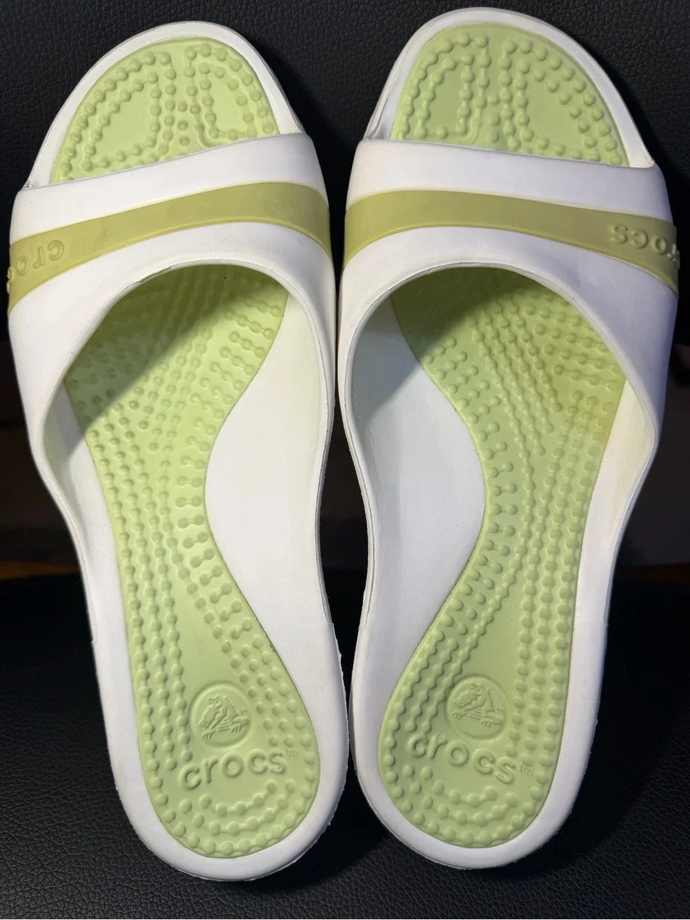 Crocs Lime green White Rubber Slide Sandals Wedge Heel Open Toe Womens Size 7